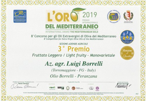 Oro del Mediterraneo 2019: 3 gocce d’oro con menzione di merito per Luigi Borrelli