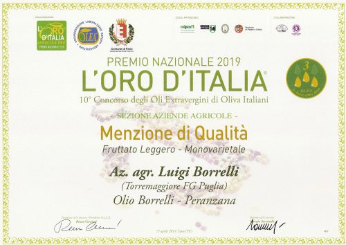 L’Oro d’Italia 2019, menzione di qualità per l'olio extravergine di oliva Borrelli